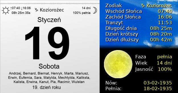19 Stycznia 1935 - Sobota. Kartka z Kalendarza