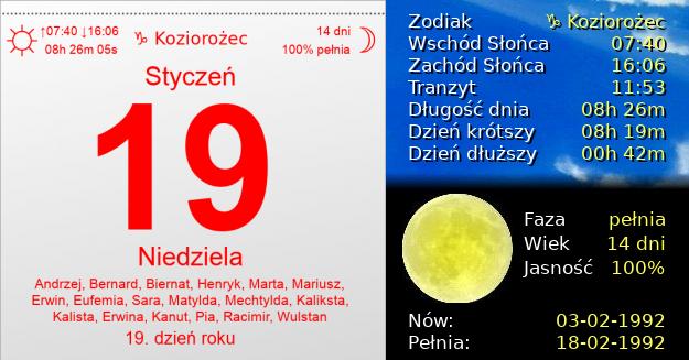 19 Stycznia 1992 - Niedziela. Kartka z Kalendarza