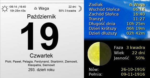 19 Października 1916 - Czwartek. Kartka z Kalendarza