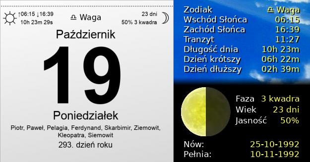 19 Października 1992 - Poniedziałek. Kartka z Kalendarza