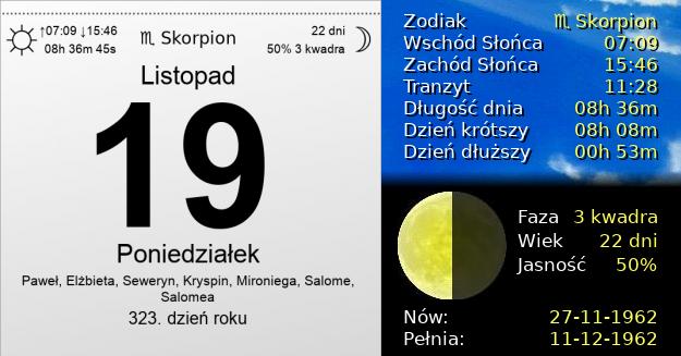 19 Listopada 1962 - Poniedziałek. Kartka z Kalendarza