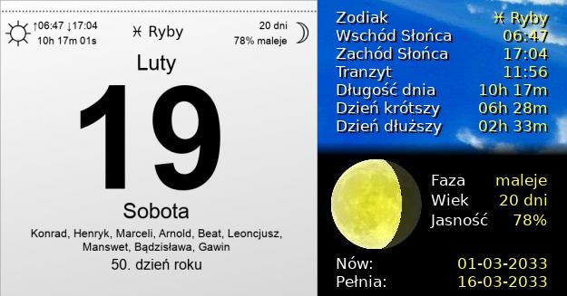 19 Lutego 2033 - Sobota. Kartka z Kalendarza