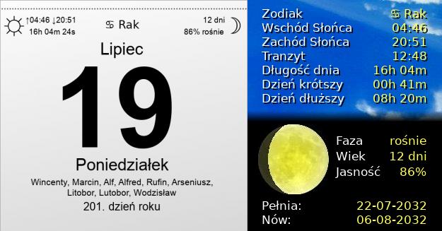 19 Lipca 2032 - Poniedziałek. Kartka z Kalendarza