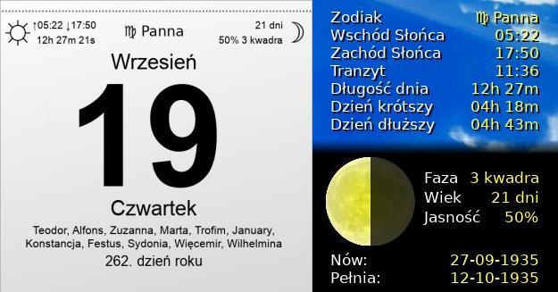 19 Września 1935 - Czwartek. Kartka z Kalendarza