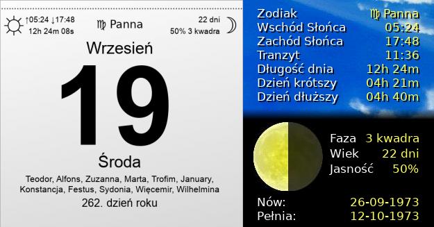 19 Września 1973 - Środa. Kartka z Kalendarza