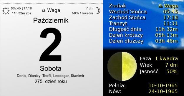 2 Października 1965 - Sobota. Kartka z Kalendarza