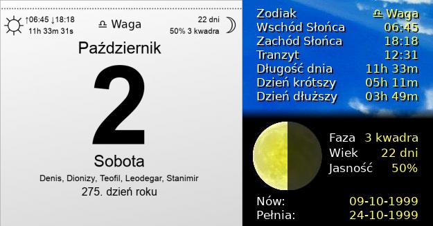 2 Października 1999 - Sobota. Kartka z Kalendarza