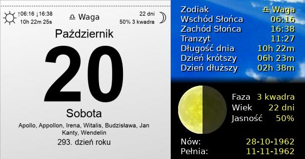 20 Października 1962 - Sobota. Kartka z Kalendarza