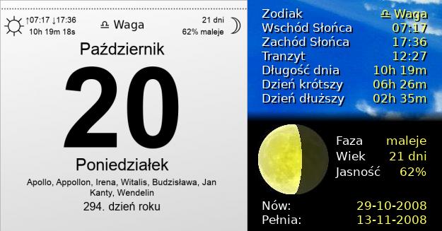 20 Października 2008 - Poniedziałek. Kartka z Kalendarza