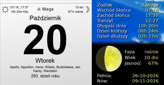 20 Października 2026 - Wtorek. Kartka z Kalendarza