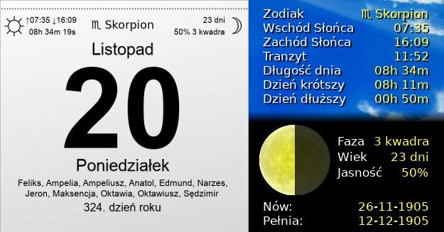 20 Listopada 1905 - Poniedziałek. Kartka z Kalendarza