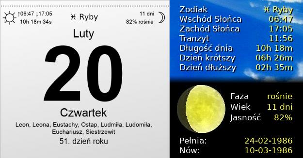 20 Lutego 1986 - Czwartek. Kartka z Kalendarza