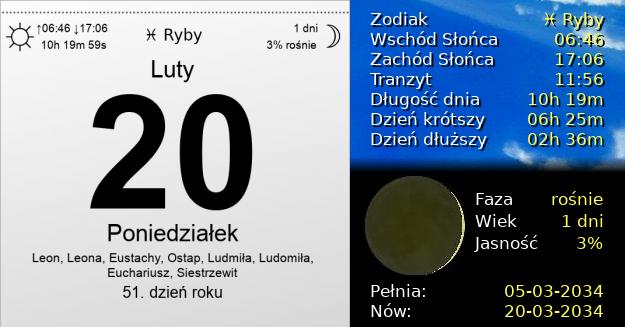 20 Lutego 2034 - Poniedziałek. Kartka z Kalendarza
