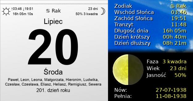 20 Lipca 1938 - Środa. Kartka z Kalendarza