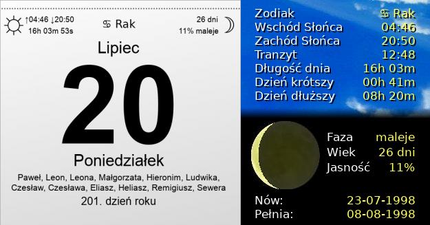 20 Lipca 1998 - Poniedziałek. Kartka z Kalendarza