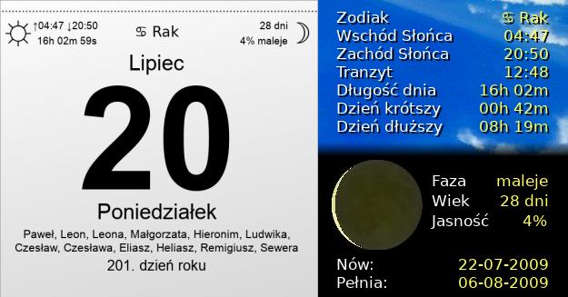 20 Lipca 2009 - Poniedziałek. Kartka z Kalendarza