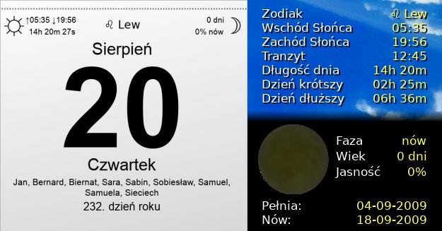 20 Sierpnia 2009 - Czwartek. Kartka z Kalendarza