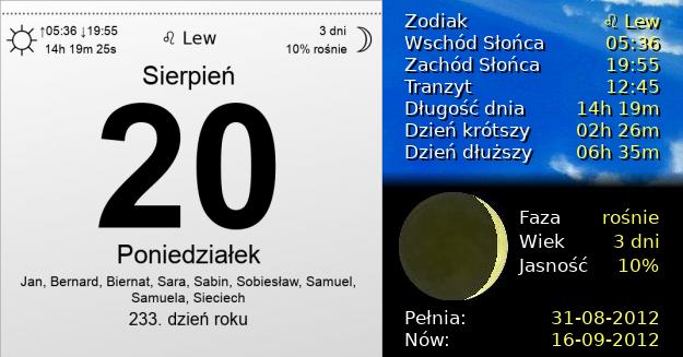 20 Sierpnia 2012 - Poniedziałek. Kartka z Kalendarza