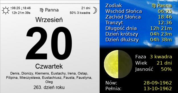 20 Września 1962 - Czwartek. Kartka z Kalendarza