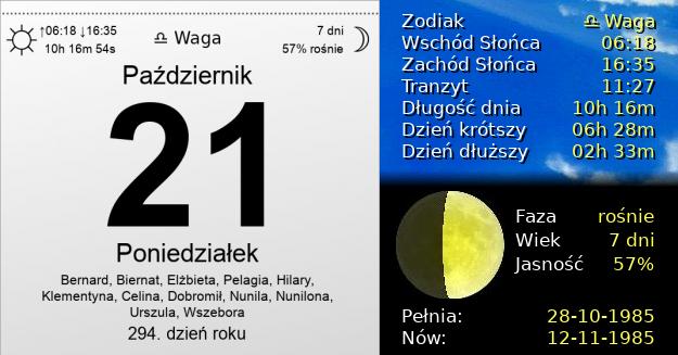 21 Października 1985 - Poniedziałek. Kartka z Kalendarza