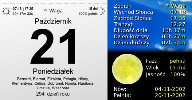 21 Października 2002 - Poniedziałek. Kartka z Kalendarza