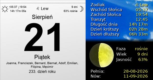 21 Sierpnia 2026 - Piątek. Kartka z Kalendarza