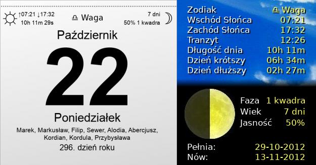 22 Października 2012 - Poniedziałek. Kartka z Kalendarza