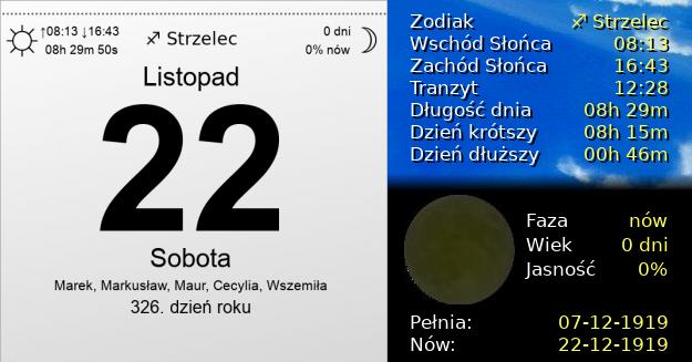 22 Listopada 1919 - Sobota. Kartka z Kalendarza
