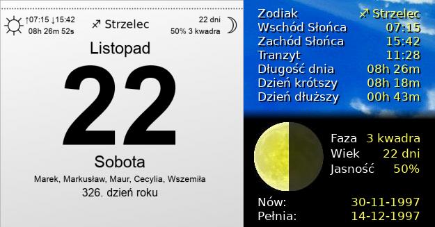 22 Listopada 1997 - Sobota. Kartka z Kalendarza