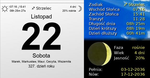 22 Listopada 2036 - Sobota. Kartka z Kalendarza