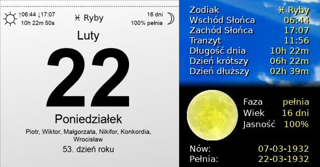 22 Lutego 1932 - Poniedziałek. Kartka z Kalendarza