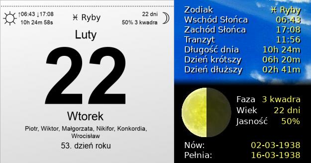 22 Lutego 1938 - Wtorek. Kartka z Kalendarza