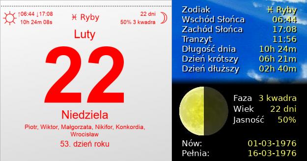 22 Lutego 1976 - Niedziela. Kartka z Kalendarza