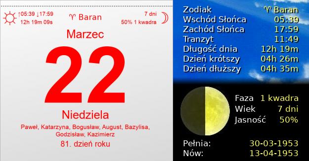 22 Marca 1953 - Niedziela. Kartka z Kalendarza