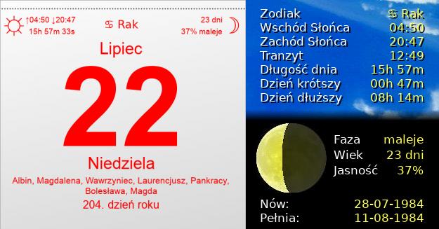 22 Lipca 1984 - Niedziela. Kartka z Kalendarza