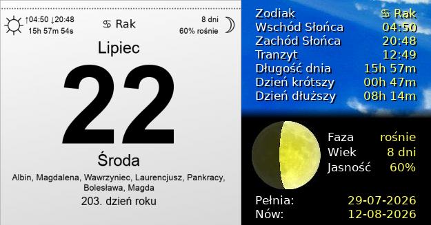22 Lipca 2026 - Środa. Kartka z Kalendarza