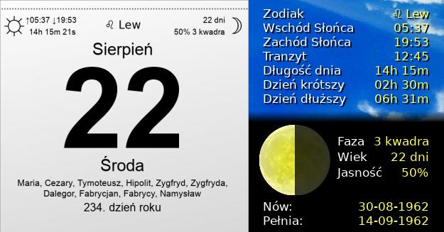 22 Sierpnia 1962 - Środa. Kartka z Kalendarza