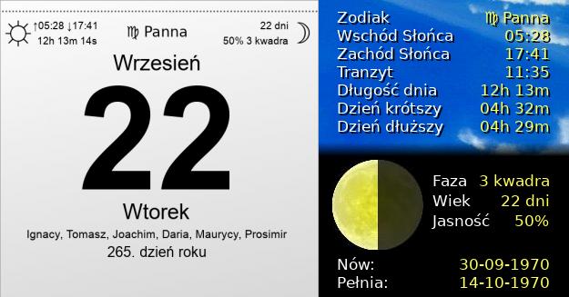 22 Września 1970 - Wtorek. Kartka z Kalendarza