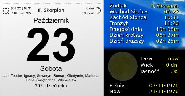 23 Października 1976 - Sobota. Kartka z Kalendarza