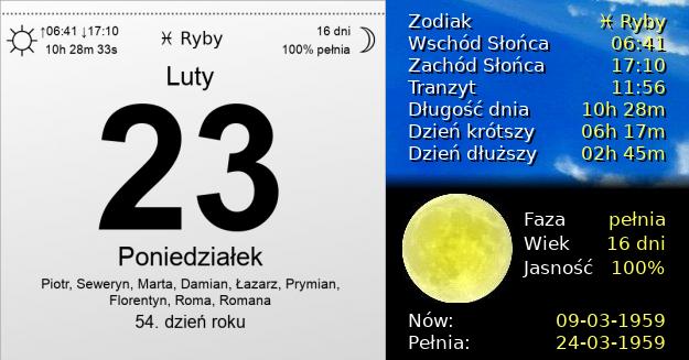 23 Lutego 1959 - Poniedziałek. Kartka z Kalendarza