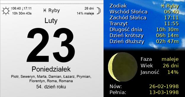 23 Lutego 1998 - Poniedziałek. Kartka z Kalendarza