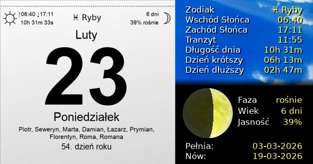 23 Lutego 2026 - Poniedziałek. Kartka z Kalendarza