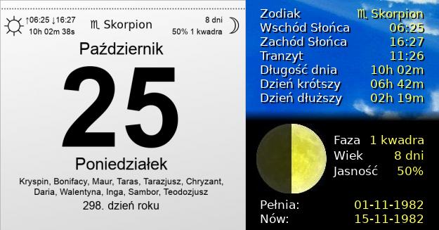 25 Października 1982 - Poniedziałek. Kartka z Kalendarza