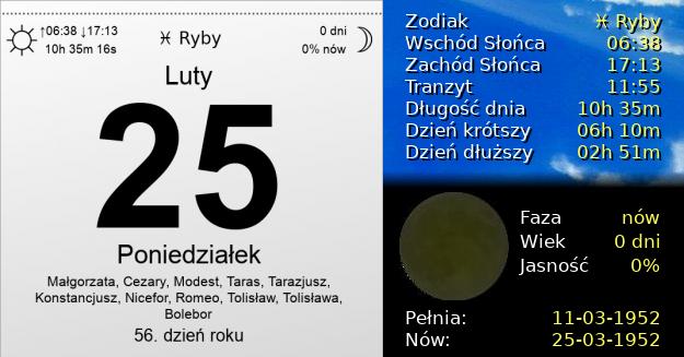 25 Lutego 1952 - Poniedziałek. Kartka z Kalendarza