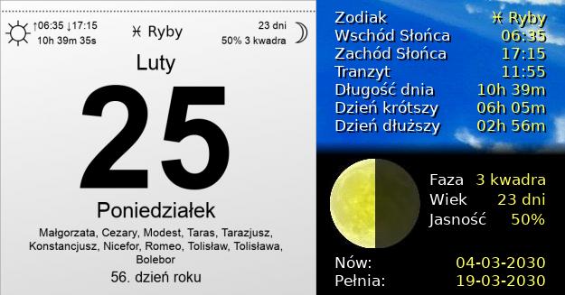 25 Lutego 2030 - Poniedziałek. Kartka z Kalendarza