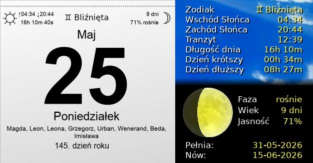 25 Maja 2026 - Poniedziałek. Kartka z Kalendarza