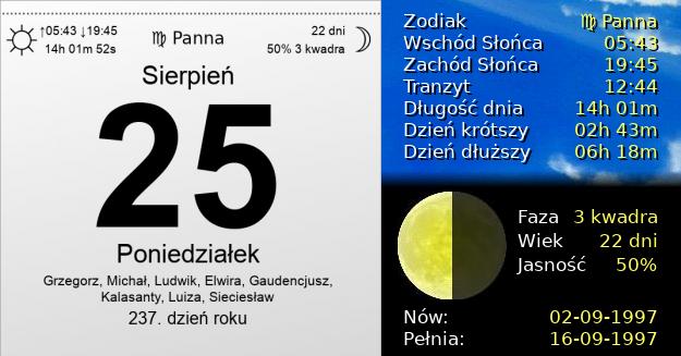 25 Sierpnia 1997 - Poniedziałek. Kartka z Kalendarza