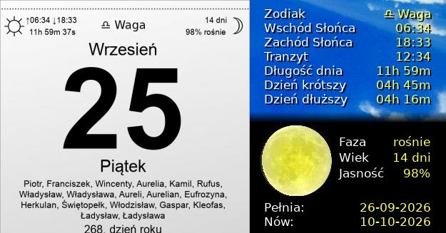 25 Września 2026 - Piątek. Kartka z Kalendarza
