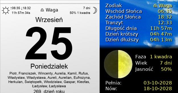 25 Września 2028 - Poniedziałek. Kartka z Kalendarza