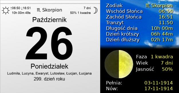 26 Października 1914 - Poniedziałek. Kartka z Kalendarza